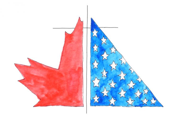 A graphic showing the Christian Reformed Church in North America logo styled in two halves — one half a Canadian maple leaf and the other half a blue triangle with stars, intended as a nod to the American flag.