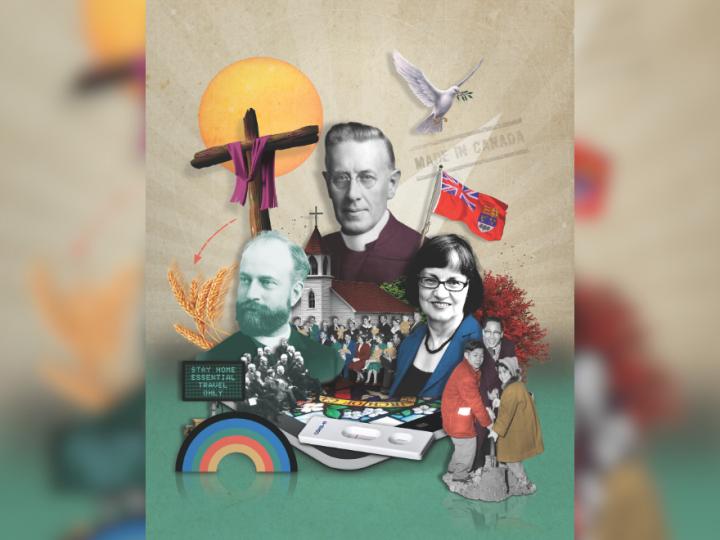 Collage of people in black and white with the bottom in colour of various items